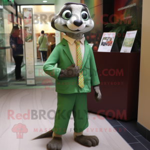 Green Meerkat mascot costume character dressed with a Shorts and Tie pins