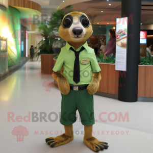 Green Meerkat mascot costume character dressed with a Shorts and Tie pins