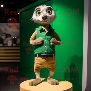 Green Meerkat mascot costume character dressed with a Shorts and Tie pins