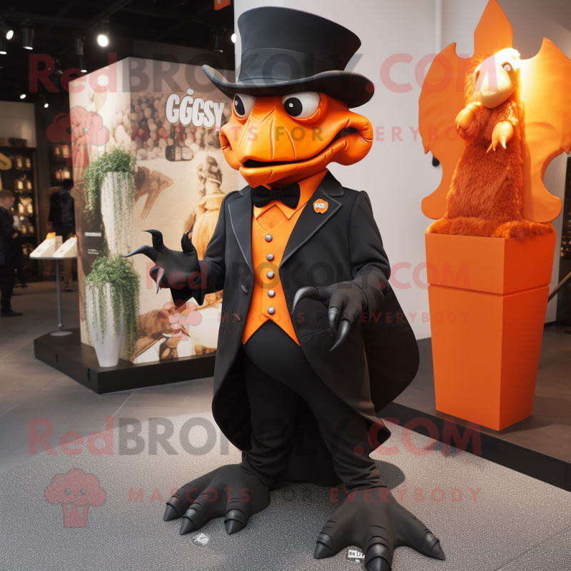 Orange Gargoyle mascot costume character dressed with a Tuxedo and Hat pins