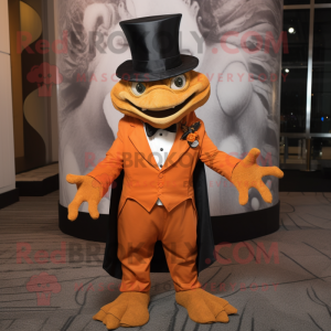 Orange Gargoyle mascot costume character dressed with a Tuxedo and Hat pins