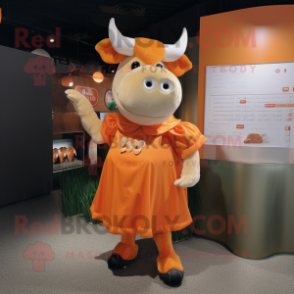 Orange Bull mascot costume character dressed with a A-Line Skirt and Coin purses