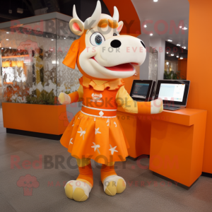 Orange Bull mascot costume character dressed with a A-Line Skirt and Coin purses