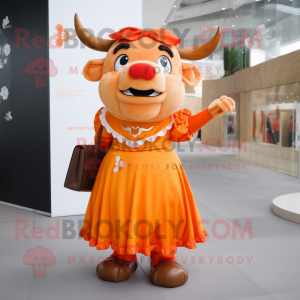 Orange Bull mascot costume character dressed with a A-Line Skirt and Coin purses
