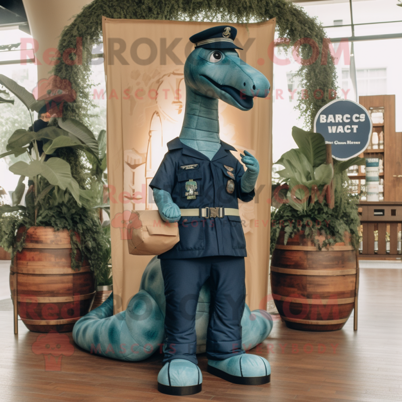 Navy Brachiosaurus mascot costume character dressed with a Cargo Shorts and Belts