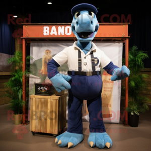 Navy Brachiosaurus mascot costume character dressed with a Cargo Shorts and Belts