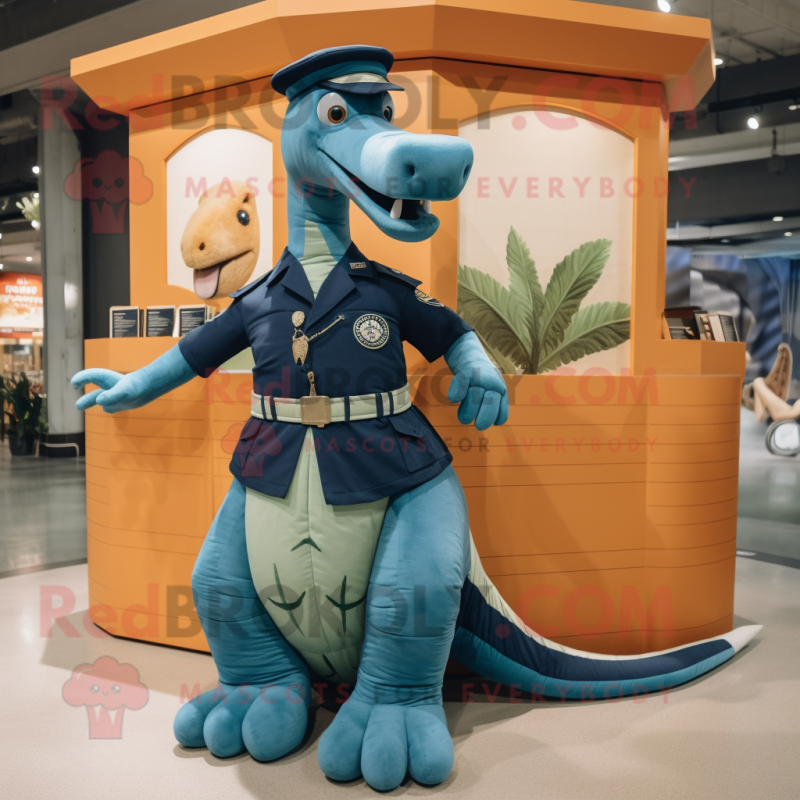 Navy Brachiosaurus mascot costume character dressed with a Cargo Shorts and Belts Navy Brachiosaurus mascot costume character dressed with a Cargo Shorts and Belts