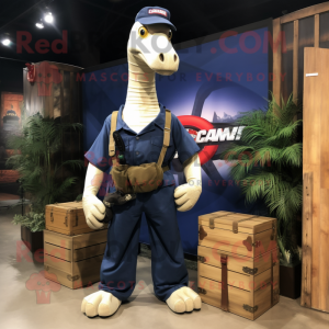 Navy Brachiosaurus mascot costume character dressed with a Cargo Shorts and Belts