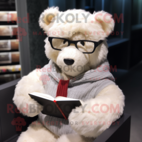White Teddy Bear mascot costume character dressed with a Sweater and Reading glasses