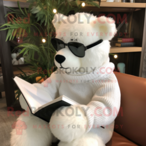 White Teddy Bear mascot costume character dressed with a Sweater and Reading glasses