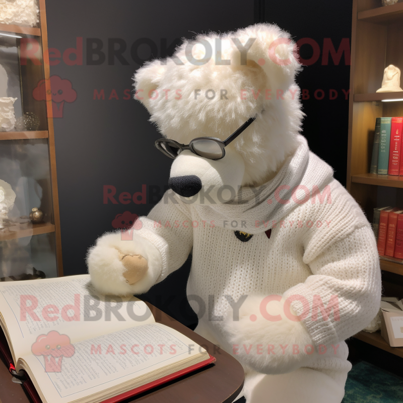 White Teddy Bear mascot costume character dressed with a Sweater and Reading glasses White Teddy Bear mascot costume character dressed with a Sweater and Reading glasses