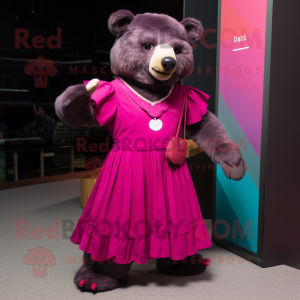 Magenta Spectacled Bear mascot costume character dressed with a Maxi Dress and Cufflinks