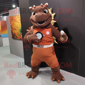 Brown Ankylosaurus mascot costume character dressed with a Corduroy Pants and Digital watches