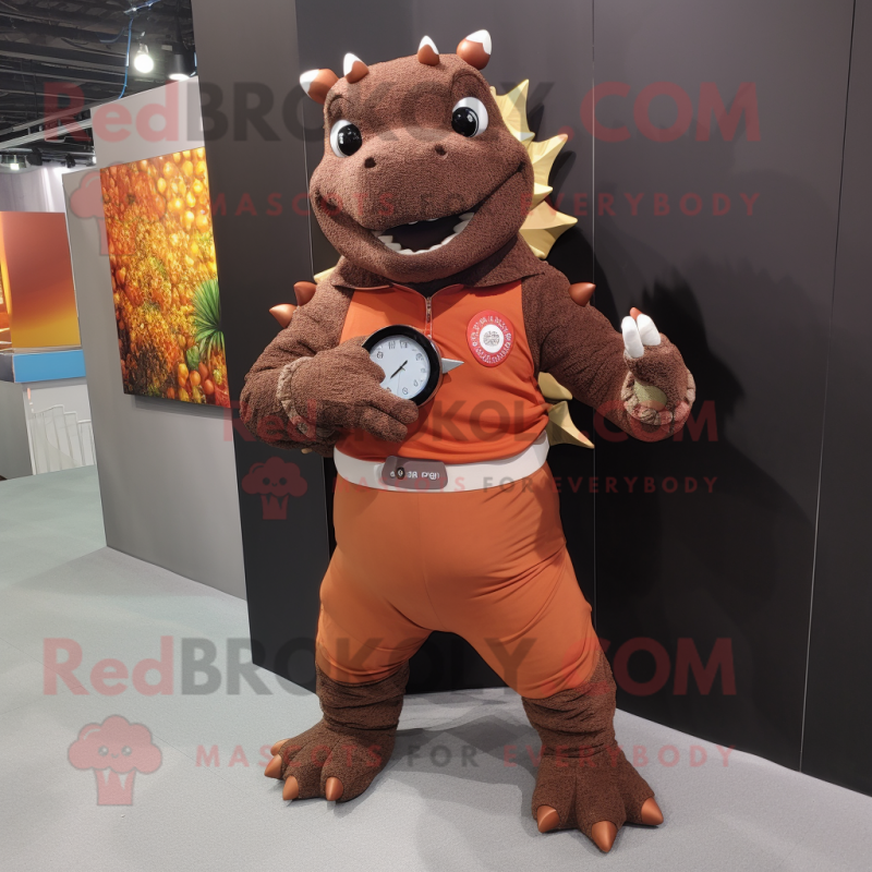Brown Ankylosaurus mascot costume character dressed with a Corduroy Pants and Digital watches Brown Ankylosaurus mascot costume character dressed with a Corduroy Pants and Digital watches