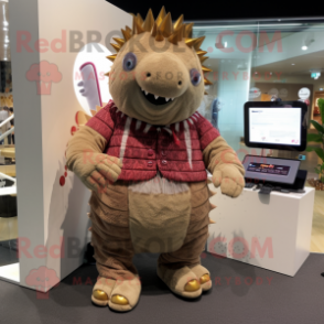 Brown Ankylosaurus mascot costume character dressed with a Corduroy Pants and Digital watches