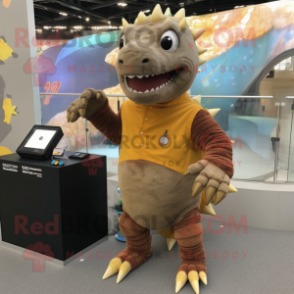 Brown Ankylosaurus mascot costume character dressed with a Corduroy Pants and Digital watches