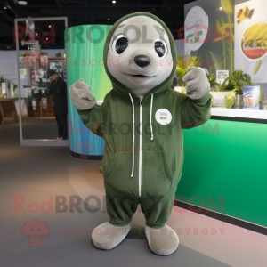 Olive Seal mascot costume character dressed with a Sweatshirt and Gloves