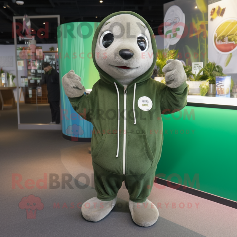 Olive Seal mascot costume character dressed with a Sweatshirt and Gloves