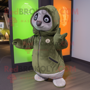 Olive Seal mascot costume character dressed with a Sweatshirt and Gloves