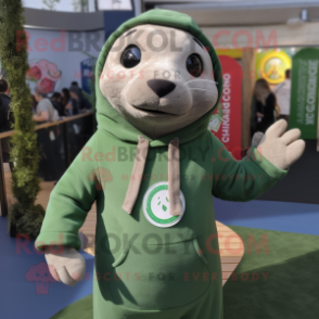 Olive Seal mascot costume character dressed with a Sweatshirt and Gloves