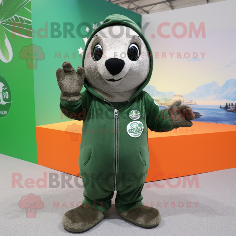 Olive Seal mascot costume character dressed with a Sweatshirt and Gloves