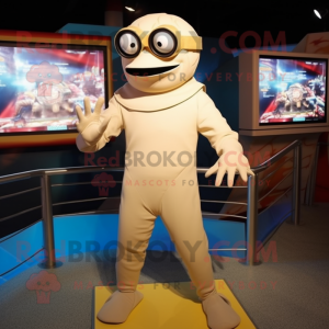 Beige Cyclops mascot costume character dressed with a Rash Guard and Ties