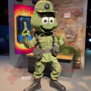 Olive Phone mascot costume character dressed with a Cargo Pants and Lapel pins