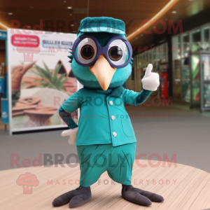 Teal Woodpecker mascot costume character dressed with a Henley Tee and Sunglasses