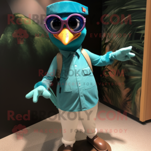 Teal Woodpecker mascot costume character dressed with a Henley Tee and Sunglasses