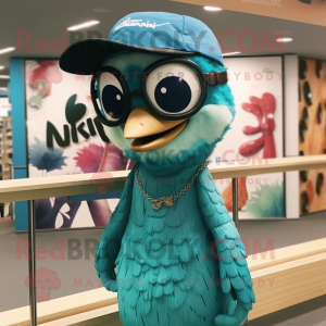 Teal Woodpecker mascot costume character dressed with a Henley Tee and Sunglasses