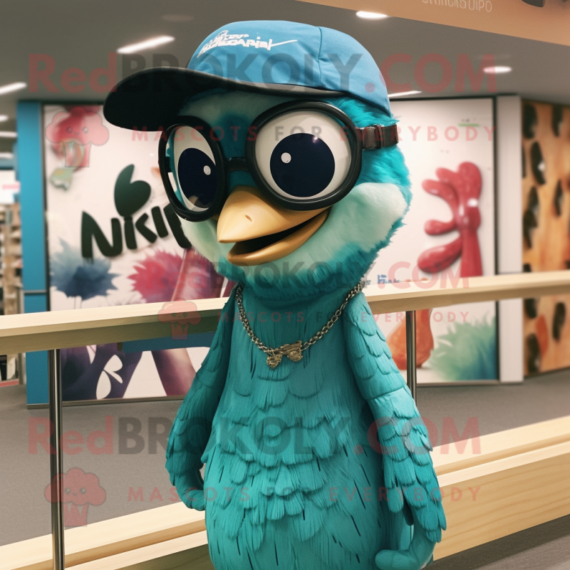 Teal Woodpecker mascot costume character dressed with a Henley Tee and Sunglasses Teal Woodpecker mascot costume character dressed with a Henley Tee and Sunglasses