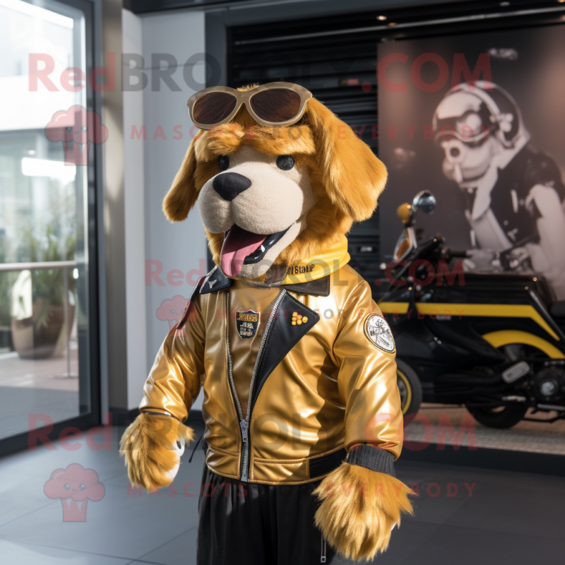 Gold Dog mascot costume character dressed with a Biker Jacket and Headbands