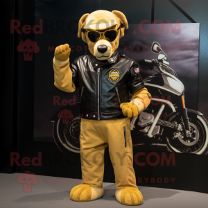 Gold Dog mascot costume character dressed with a Biker Jacket and Headbands