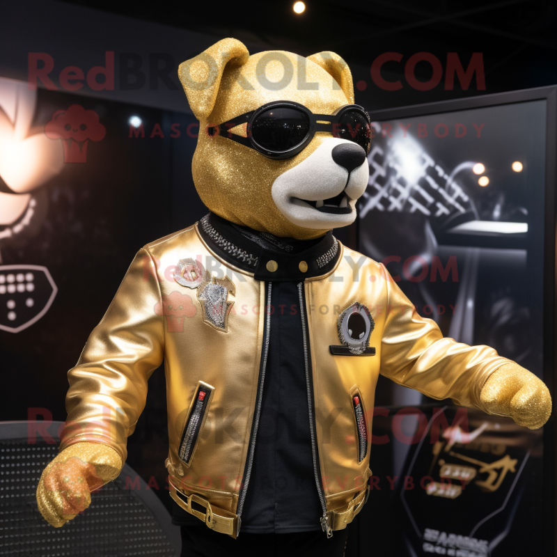 Gold Dog mascot costume character dressed with a Biker Jacket and Headbands