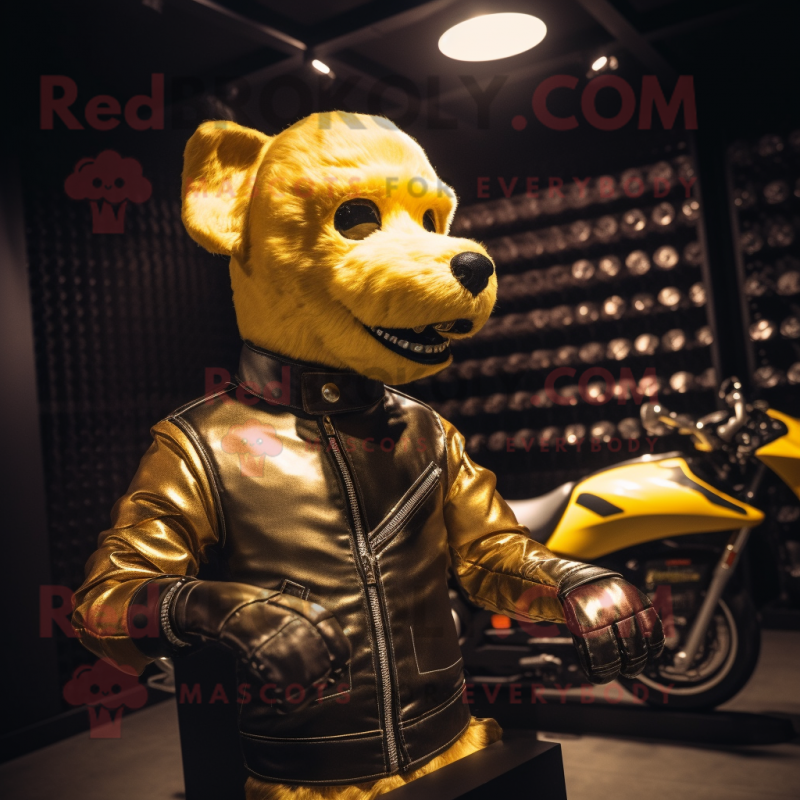 Gold Dog mascot costume character dressed with a Biker Jacket and Headbands