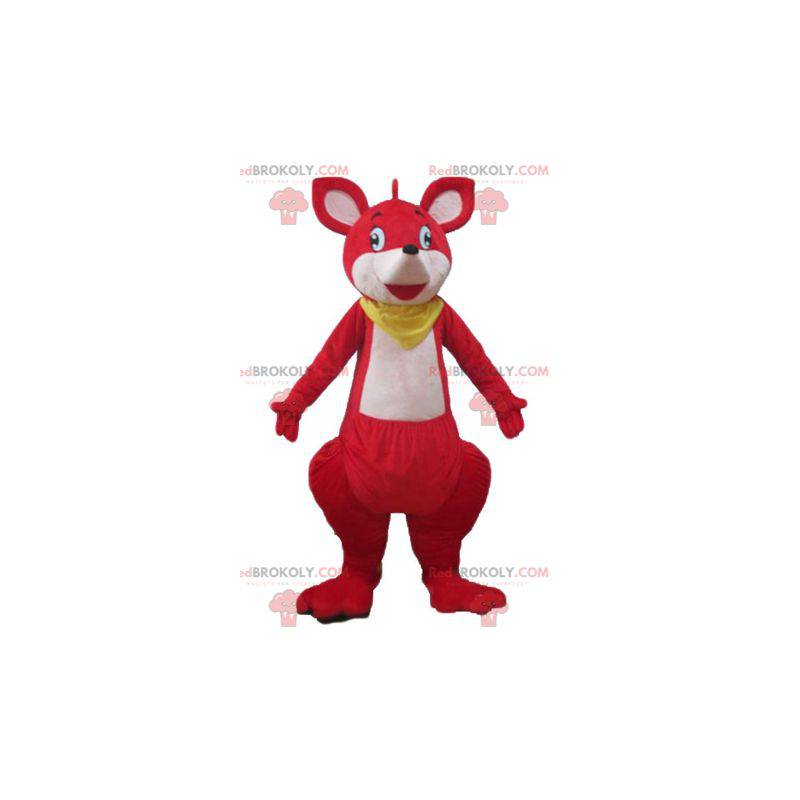 Mascote canguru vermelho e branco com um lenço amarelo -