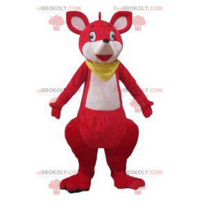 Mascotte de kangourou rouge et blanc avec un foulard jaune -