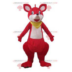 Red and white kangaroo mascot with a yellow scarf -