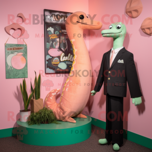 Peach Loch Ness Monster mascot costume character dressed with a Suit Jacket and Hairpins