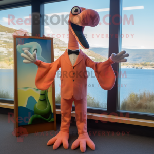 Peach Loch Ness Monster mascot costume character dressed with a Suit Jacket and Hairpins