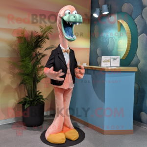 Peach Loch Ness Monster mascot costume character dressed with a Suit Jacket and Hairpins