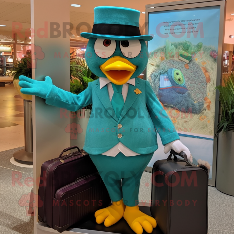Teal Hens mascot costume character dressed with a Suit and Handbags Teal Hens mascot costume character dressed with a Suit and Handbags