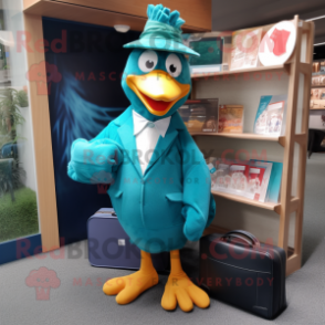 Teal Hens mascot costume character dressed with a Suit and Handbags