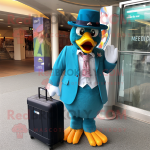 Teal Hens mascot costume character dressed with a Suit and Handbags