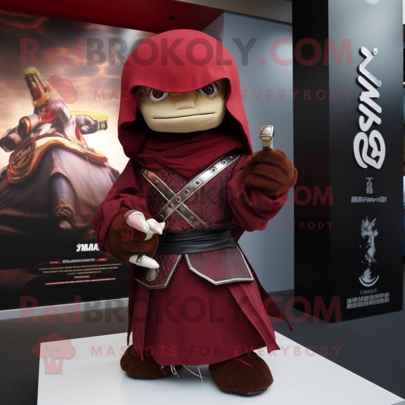Maroon Samurai mascot costume character dressed with a Hoodie and Rings