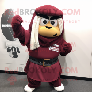 Maroon Samurai mascot costume character dressed with a Hoodie and Rings