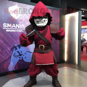 Maroon Samurai mascot costume character dressed with a Hoodie and Rings