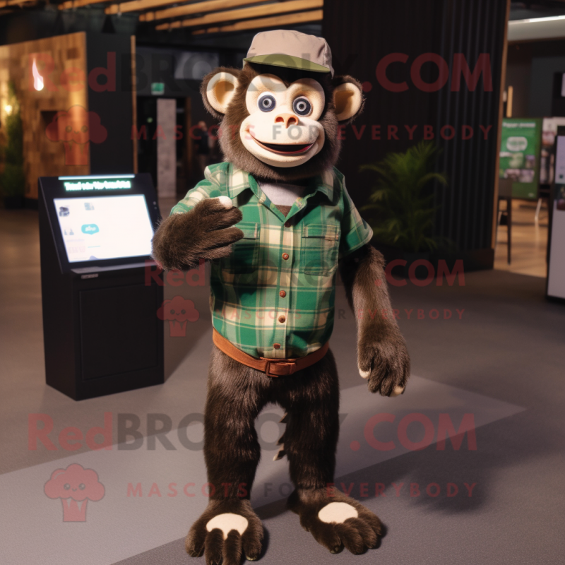 Forest Green Capuchin Monkey mascot costume character dressed with a Flannel Shirt and Smartwatches