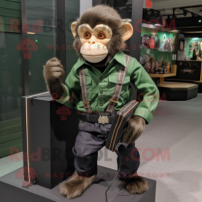 Forest Green Capuchin Monkey mascot costume character dressed with a Flannel Shirt and Smartwatches