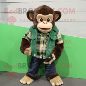 Forest Green Capuchin Monkey mascot costume character dressed with a Flannel Shirt and Smartwatches
